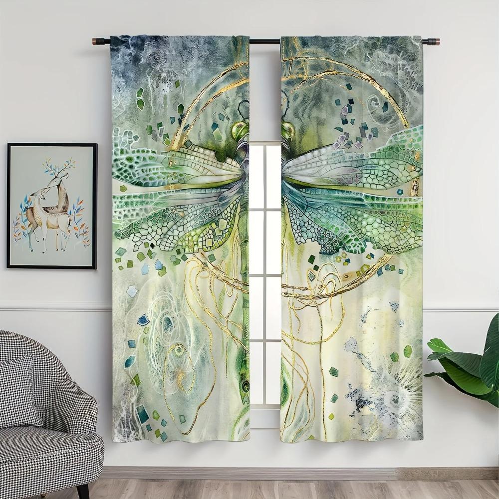 2pcs Green Dragonfly Flower Flower Digital Printing Living Room Curtain Semi Blocking Curtain Translucent Grommet Top Curtain