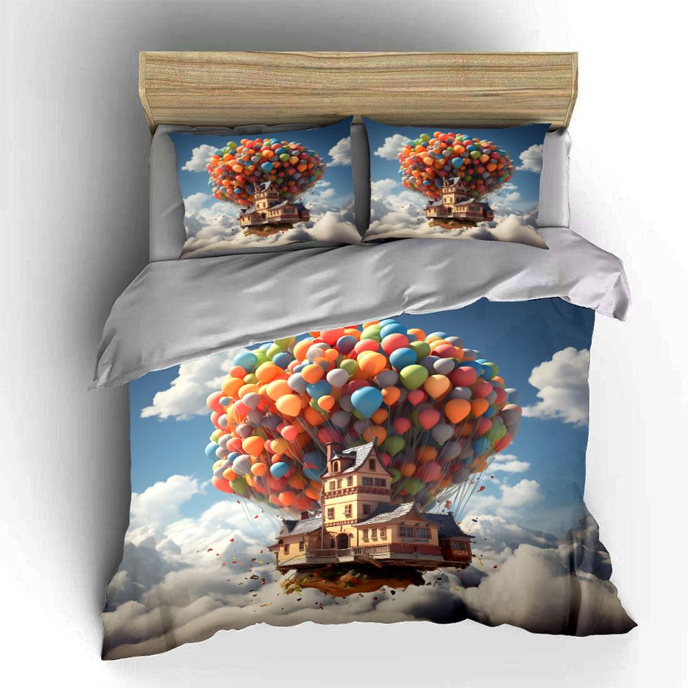 Floating House Balloon Decor Soft Skin-Friendly Bedding Set Includes 1 Duvet Cover And 2 Pillowcase Gift