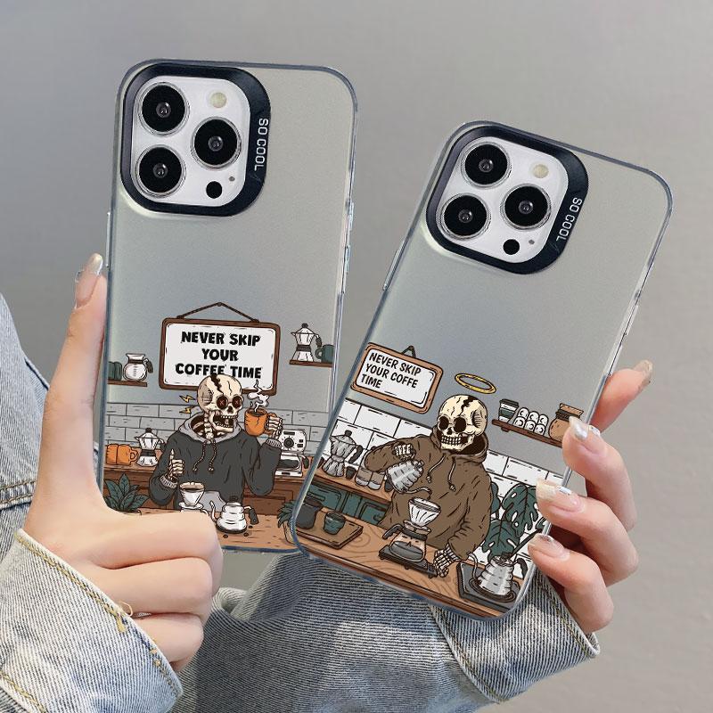 Coffee Shop Skeleton Cartoon Phone Case For iPhone 15 14 13 12 11 Mini Pro Max 16 Pro Max Plus 15 14 Plus Shockproof Laser Cover