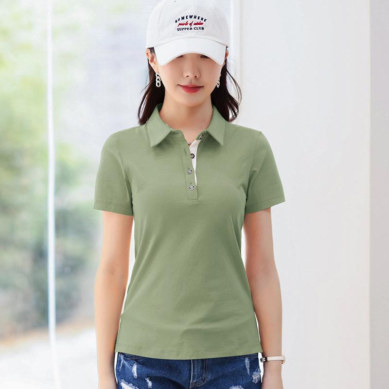 Women‘s Polo Collar Short Sleeve Slim Fit T-Shirt Cotton Solid Casual Summer Top