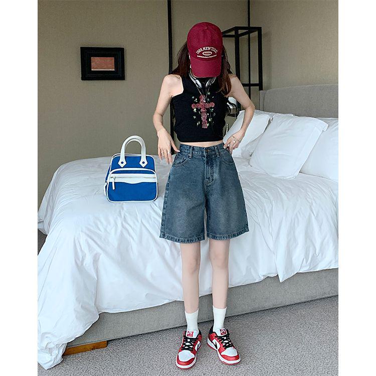 Women's High-Waist Retro Denim Shorts - Loose, Elastic, Mid-Length, Slimming and Versatile for Summer