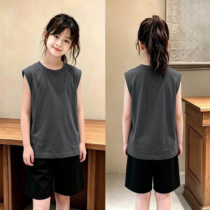 Korean Style Girls' Casual Cotton Vest T-shirt Set for Summer, Ages 6-12