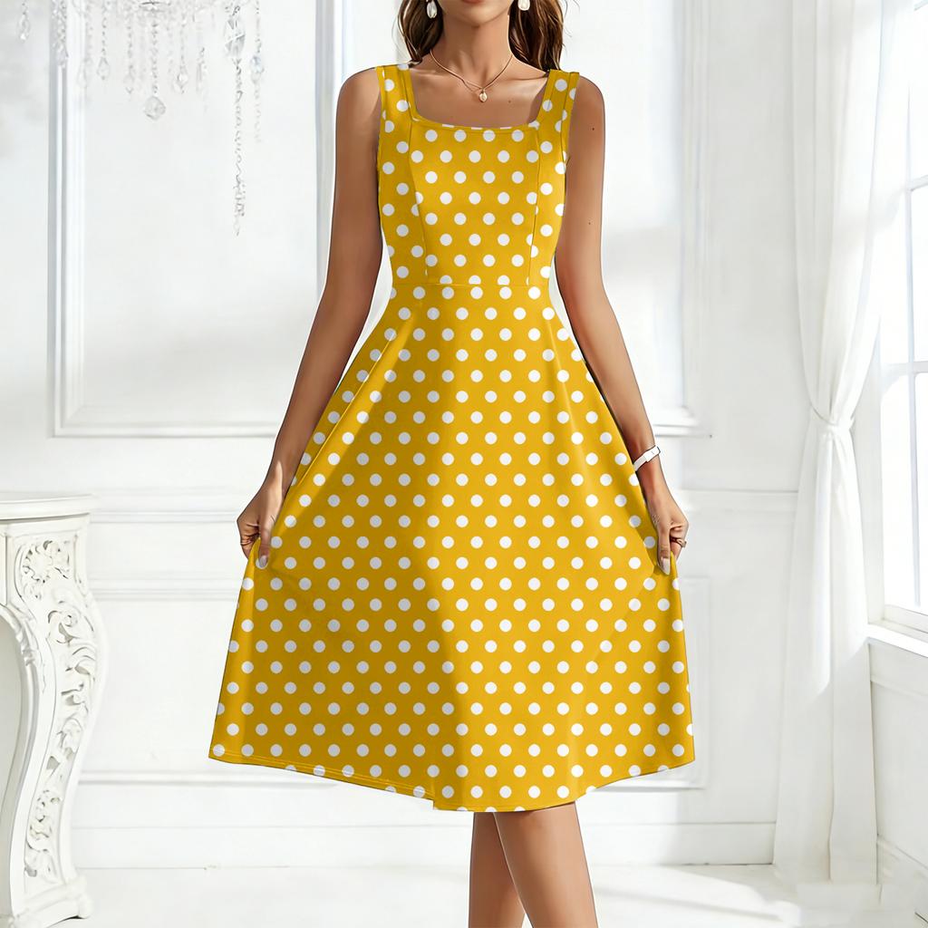 Women's Square-Neck Sleeveless Polka Dot Maxi Dress