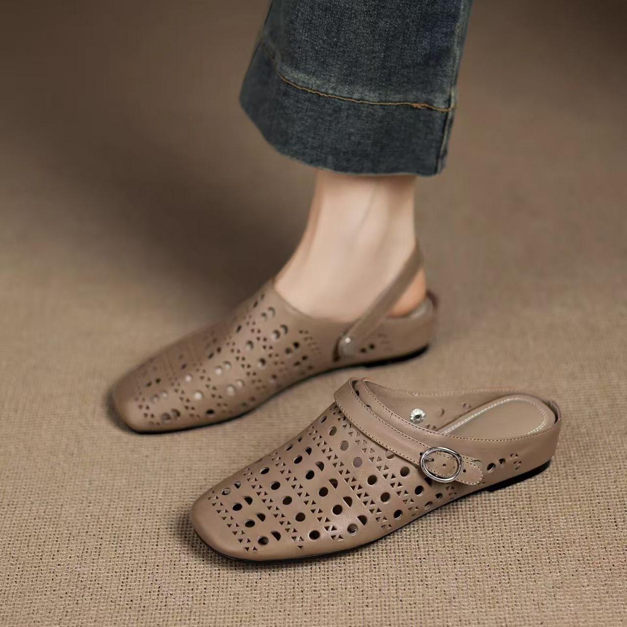 

Baotou half slippers women s summer 2025 new soft leather soft bottom comfortable outer piercing hole fashion hollow mother cool slippers 40