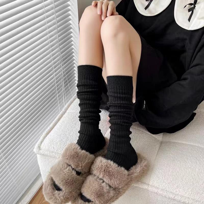 1Pair Autumn Winter Women Stockings Cotton Knitted Solid Color Calf Socks Warm Thigh High Stockings Ladies Girls Solid Knee Socks