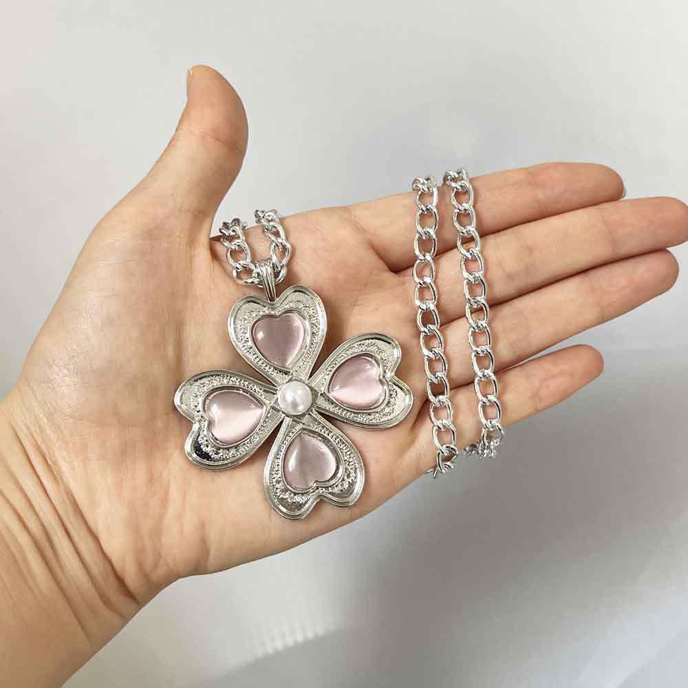 Lucky Flower Heart Necklace: Four-Leaf Clover Long Sweater Chain Women's Accessory