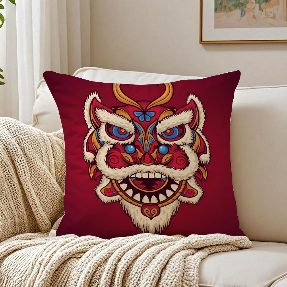 Fashion Traditional Dancing Lions Anime Lucky Cushion Cover Linen Pillowcase Soft For Sofa Bed Home Room Decor