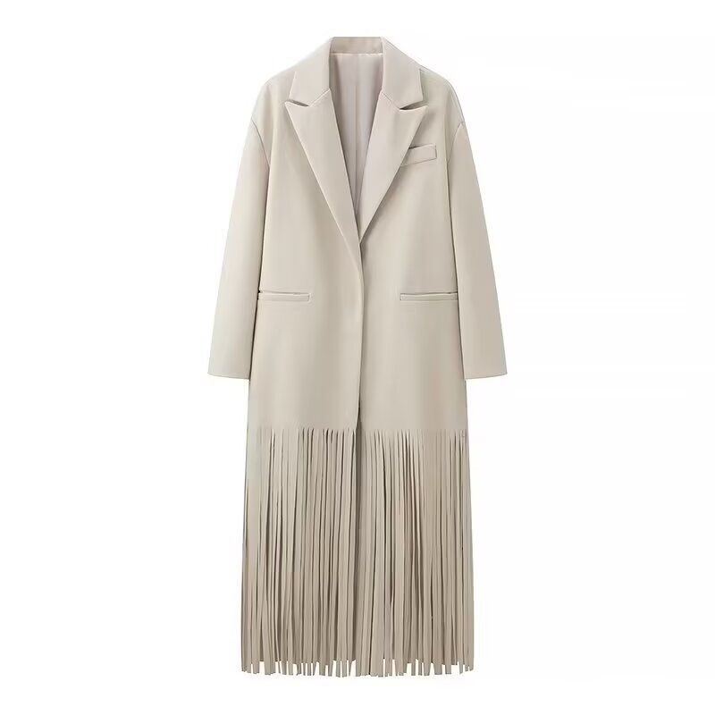 

Winter Morocco Niche Style Classy Stylish Cool Lazy Style Tassel Woolen Coat Elegant Long Outwear Fringed Long Coat L