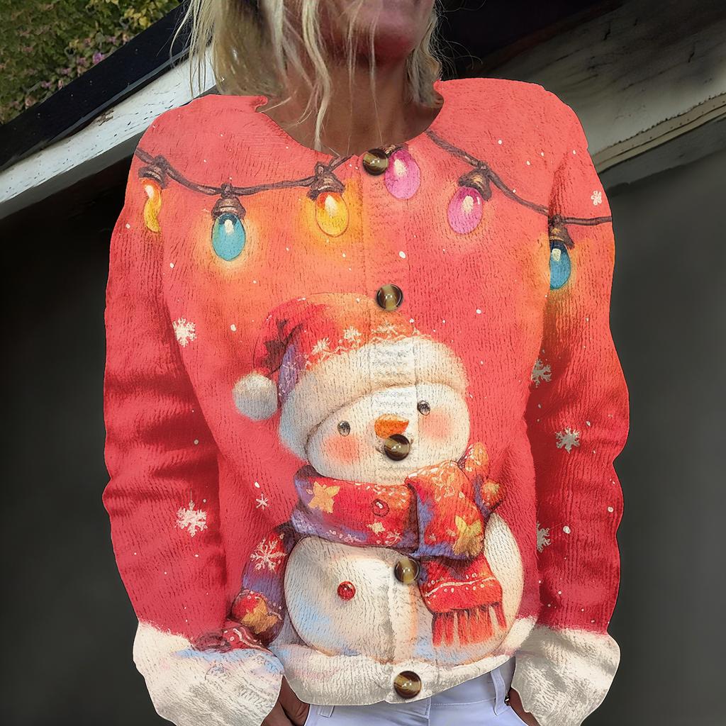 Damenmode, weihnachtlich bedruckt, langärmelig, Strickjacke, Button-Down-Jacke