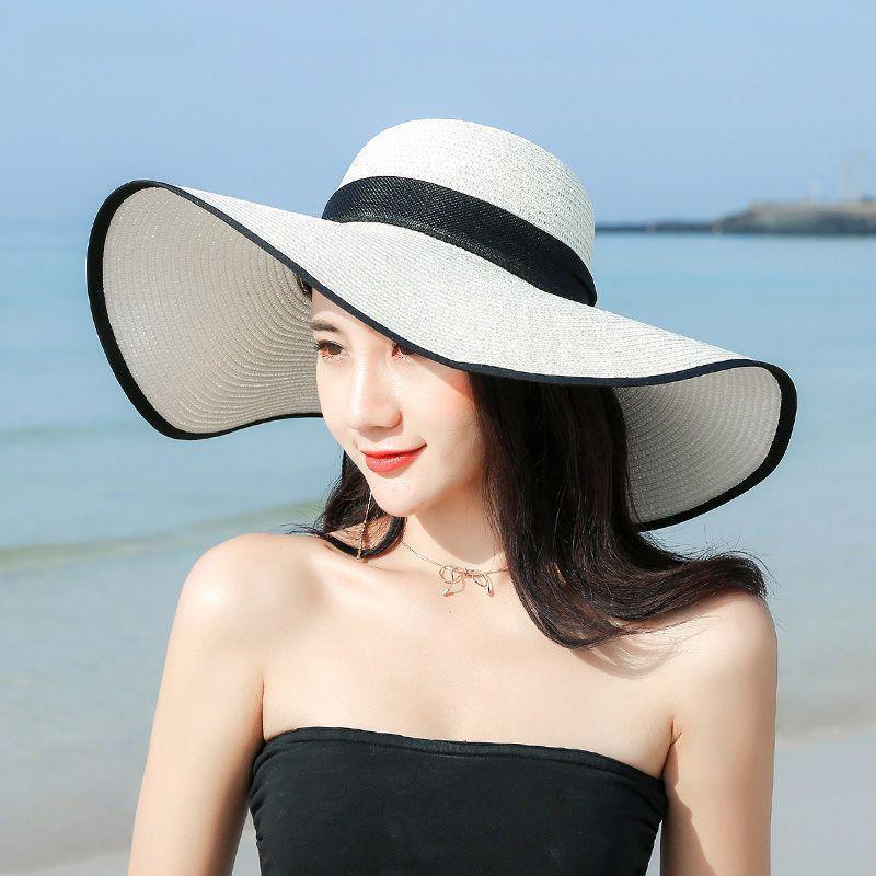 Strohhut Damen Sommer Sonnenhut Koreanische Version Modisch Strand Sonnenhut Großer Schirm Sonnenschutz UV-Schutz Faltbarer Strandhut
