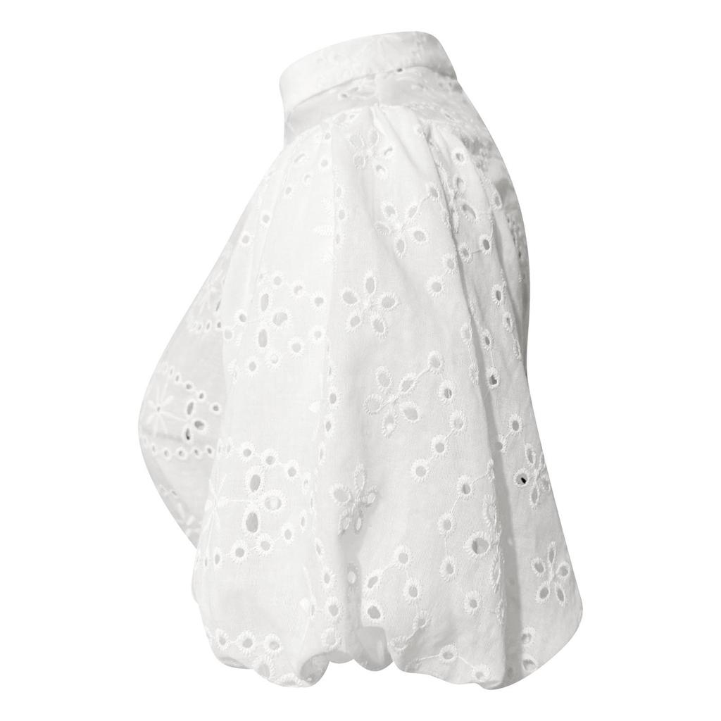 Women's Eyelet Crop Top Button Front Blouse Puff Sleeve V Neck Lightweight Summer Shirt