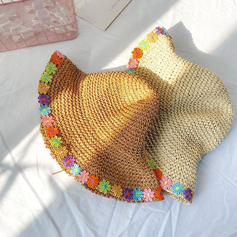 Hyunya Colored Flower Edge Foldable Straw Hat Women's Summer Sun Hat Small Fresh Beach Hat Seaside Vacation Sun Protection