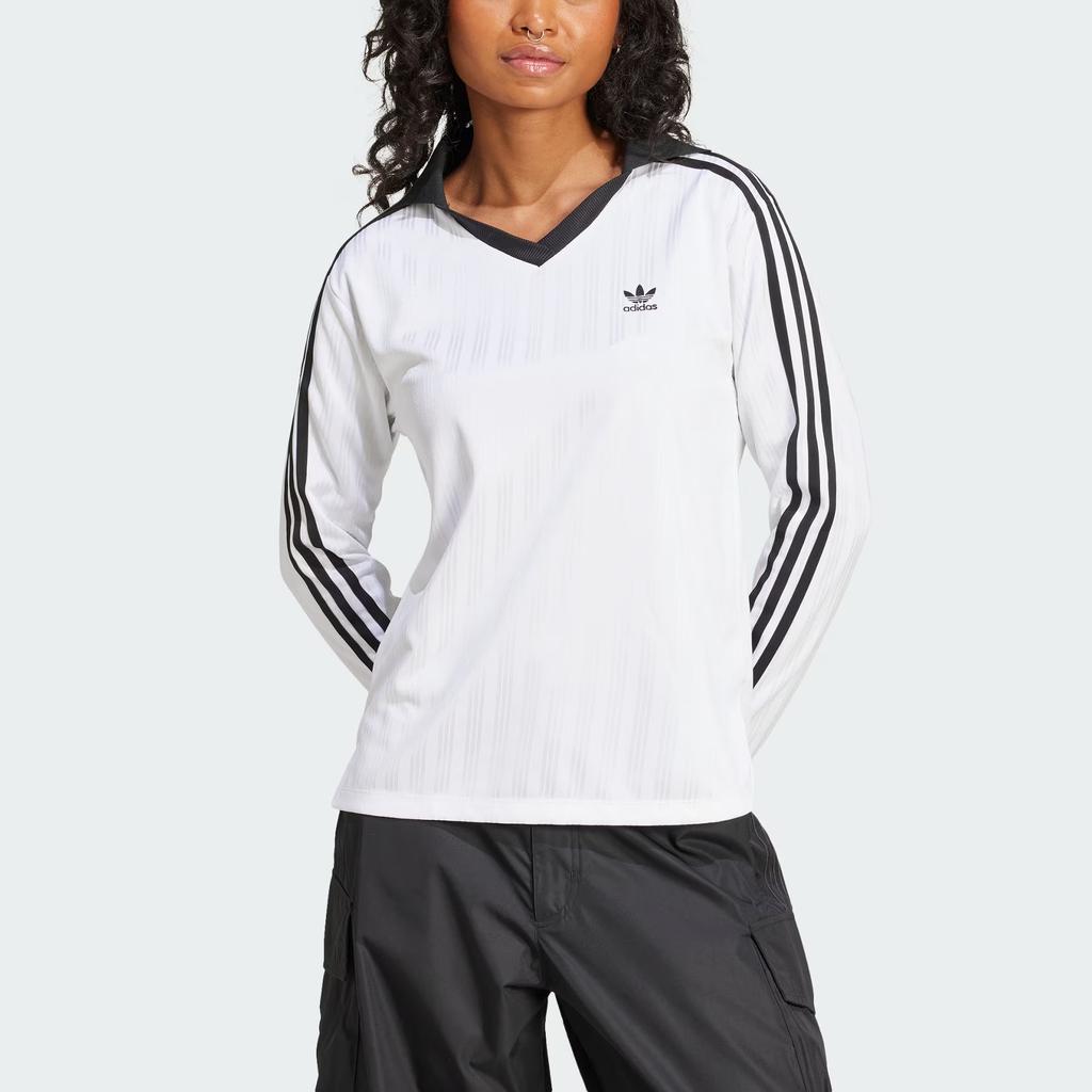 Adidas Originals Adicolor Football Jacquard Logo Stripe Long Sleeve Polo Shirt Women Tops White JD2605