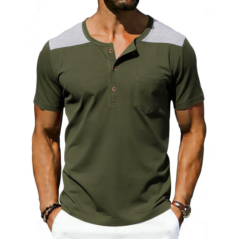 Men Contrast Shoulder Henley Neck Short Sleeve Pocket Casual Tee
