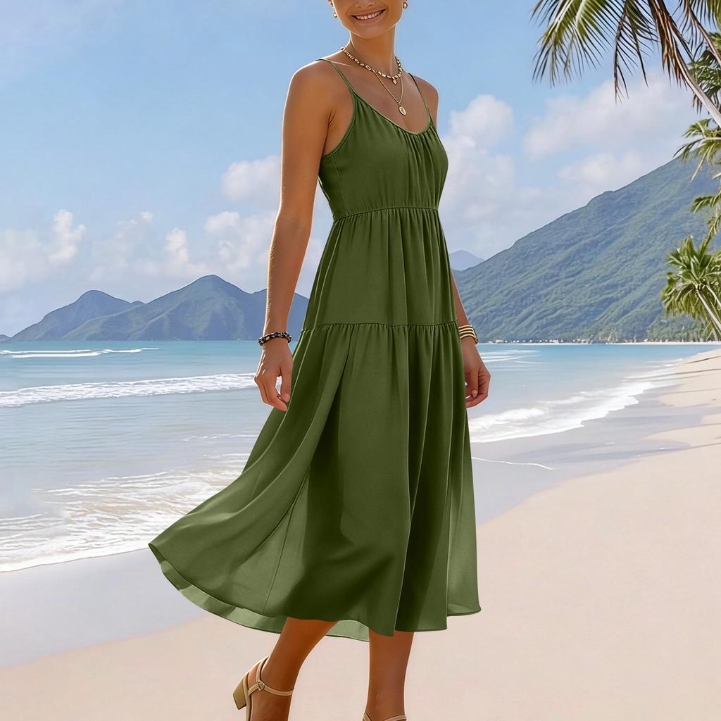Zomerjurk voor dames, mouwloos, met verstelbare bandjes, bohemien, midi, met zakken, voor strandvakantie, casual kleding