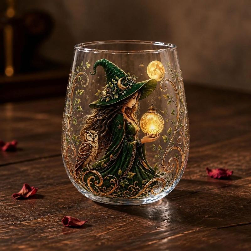 Decorative Witch Glass Cup with a Clear Stemless Form for Herbal Tea, Fruit Tea, Candy, and Seasonal Table Service