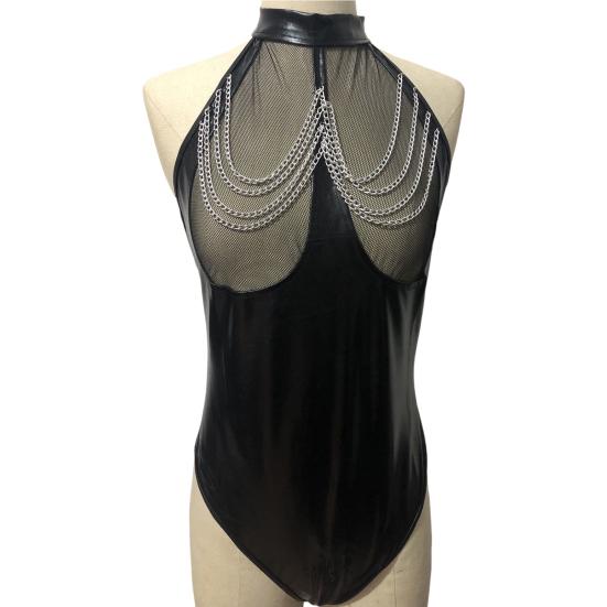 Women Honeymoon Bodysuit Fishnet Faux Leather Patchwork Off Shoulder Bodycon Chain Decor Open Crotch