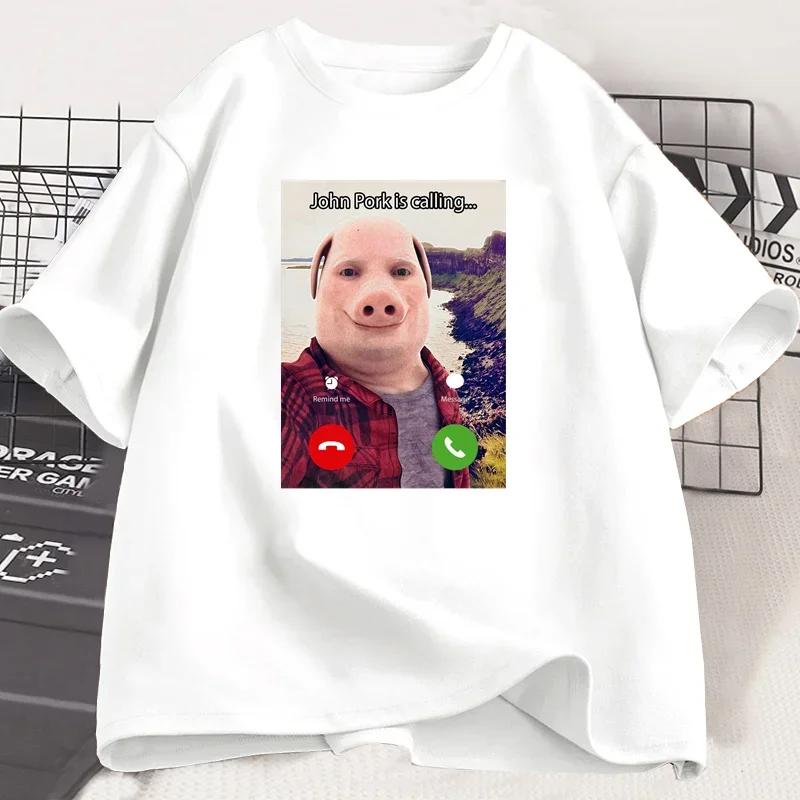 New John Pork Is Calling T Shirts Funny Graphic Tee Top Women Men Oversized Humor Pig Meme Design Clothes Streetwear