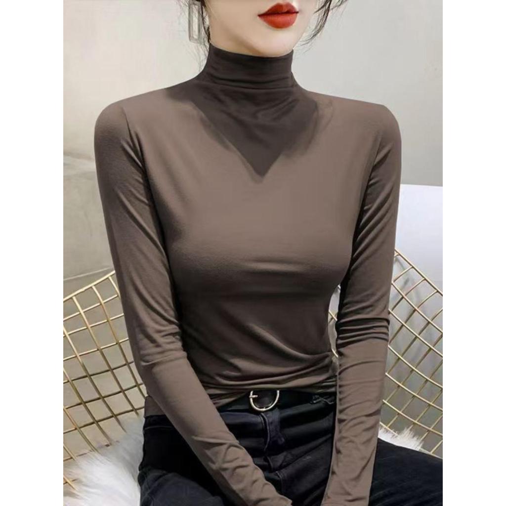 Women's Thickened Slim Fit Long Sleeve T-Shirt with Double-Sided Plush, Mid-High Neck, Brushed Base Layer Top for Autumn/Winter Warmth