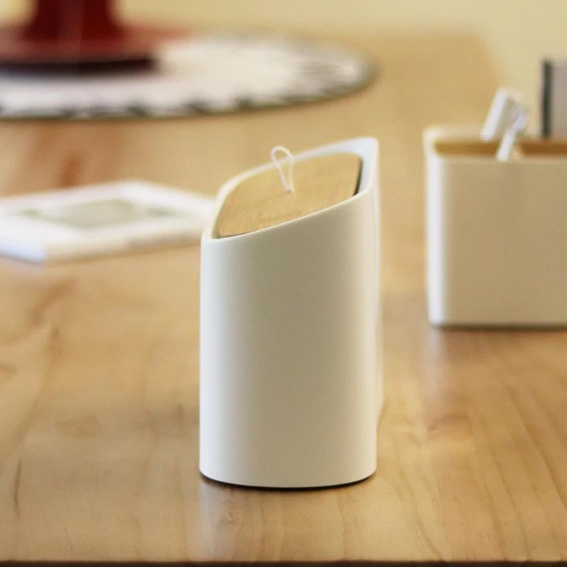 Schreibtisch-Mülleimer Wohnzimmer Sortier-Aufbewahrungseimer Haushalt Küche Müll mit Deckel Bambusabdeckung Schlafzimmer Mini Papierkorb