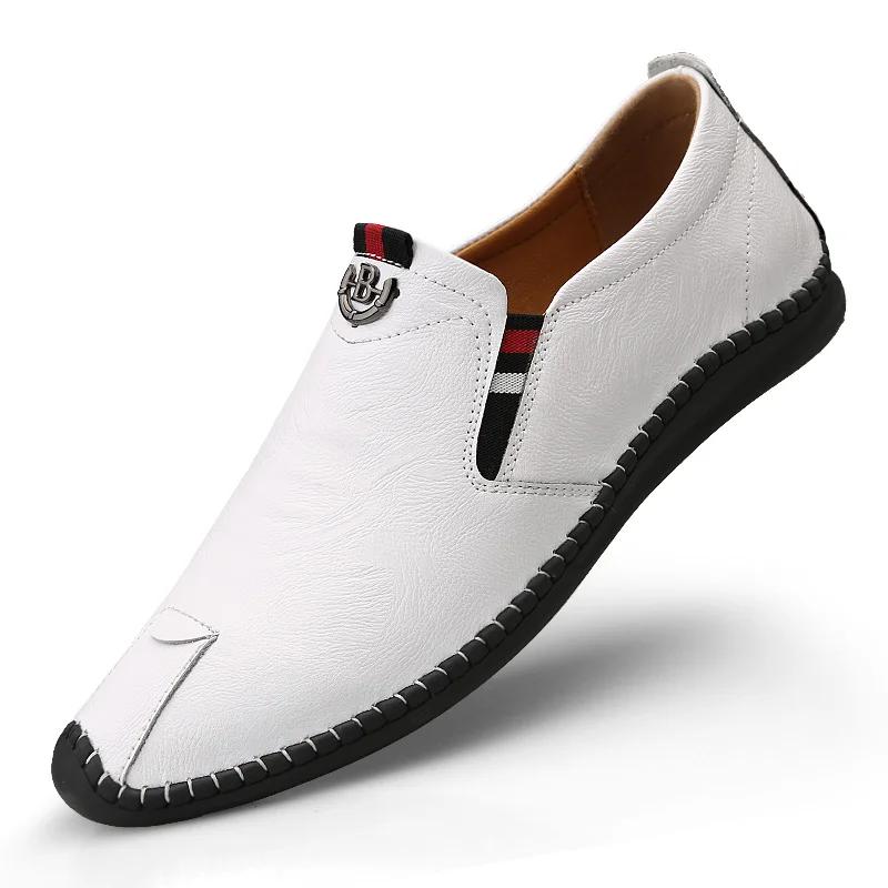 

Harajuku Peas Shoes Breathable Genuine Leather Men Big Size Flat Loafers Moccasins Walking Driving Outdoor Travel Soft Shoes 6 білий