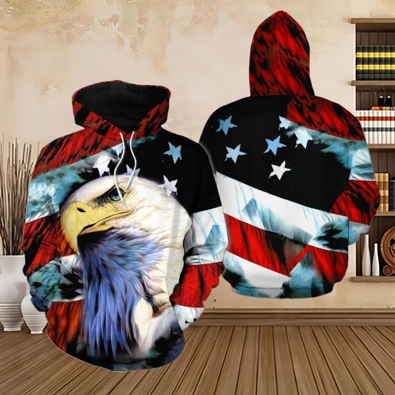 Hoodies Men's Bald Eagle with American Flag 3D Printed Vintage Fashion Oversized Sweatshirts Pullovers Hooded Tracksuit Clothing