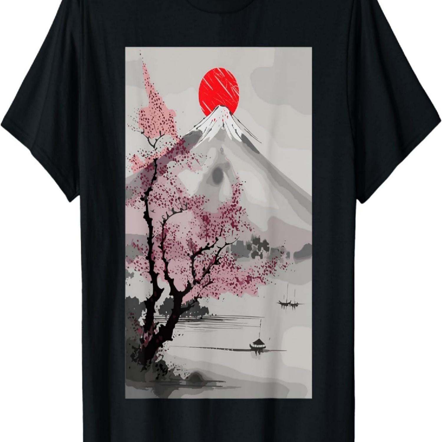 Mountain Fuji Landscape Red Moon Cherry Blossom T-Shirt S чёрный