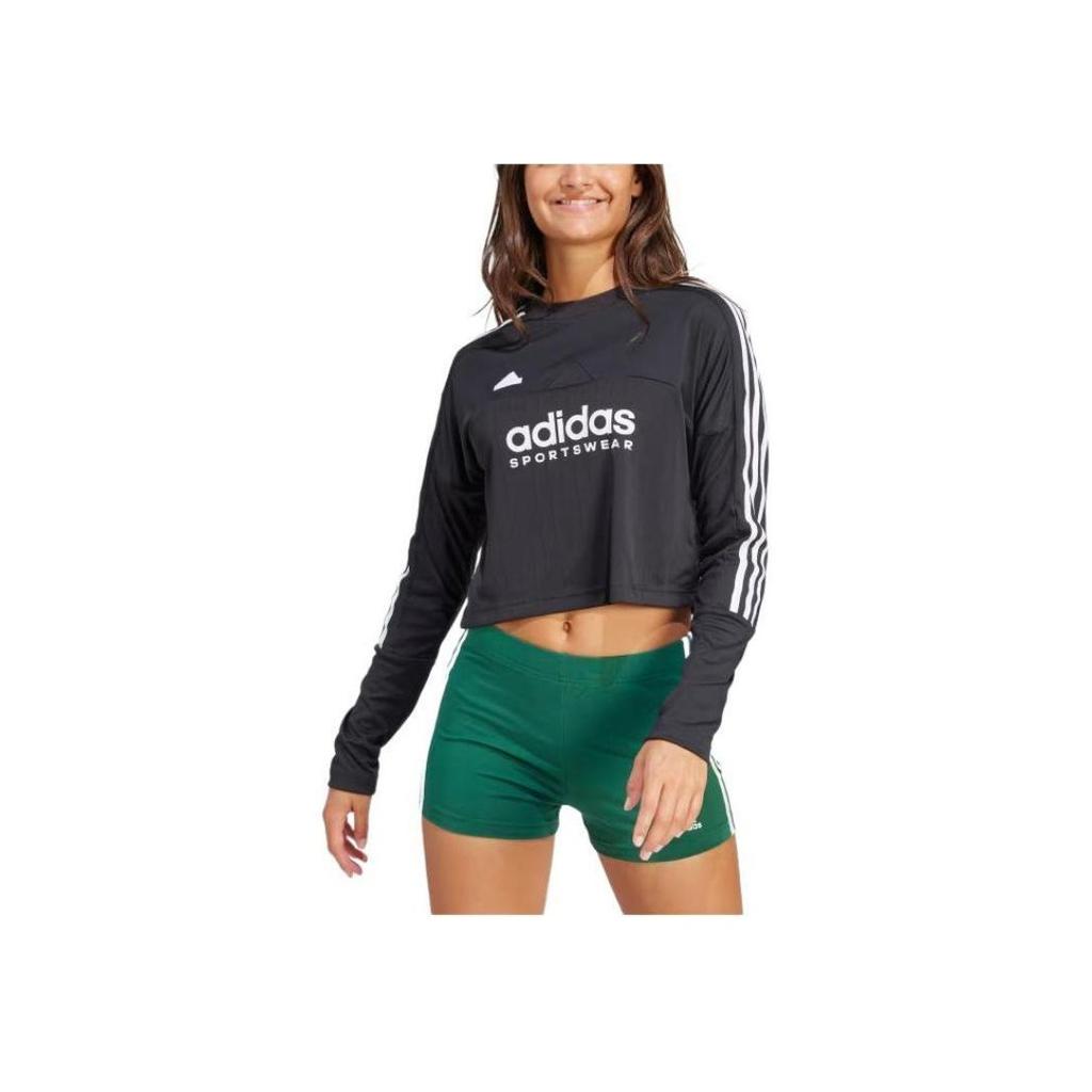 Adidas Gestreiftes T-Shirt mit Buchstabenprint, Rundhalsausschnitt, langen Ärmeln und regulärer Passform für Damen, Oberteile, Schwarz IS4575