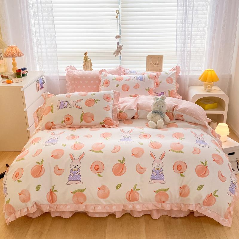 Korean Style Bed Skirt Four-piece Set Pure Cotton Edge Bed Sheet Thickened Plant Cashmere Brushed Skin-friendly Bedding