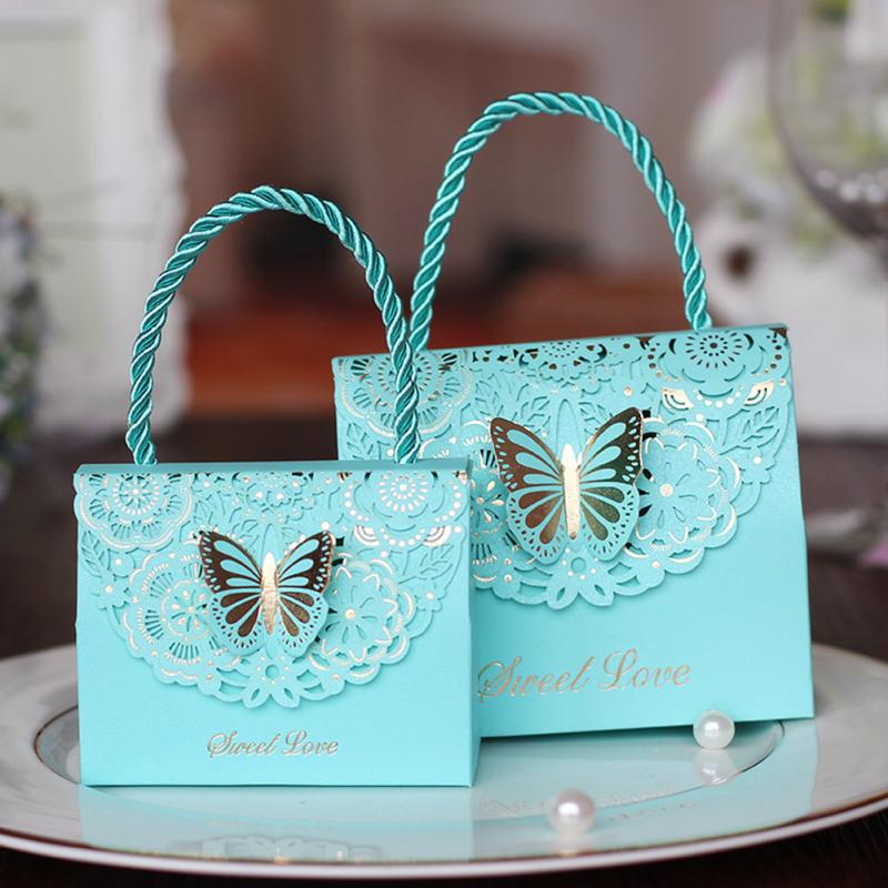 25Pcs Hollow-out Butterflies Tote Candy Box with Handle for Wedding