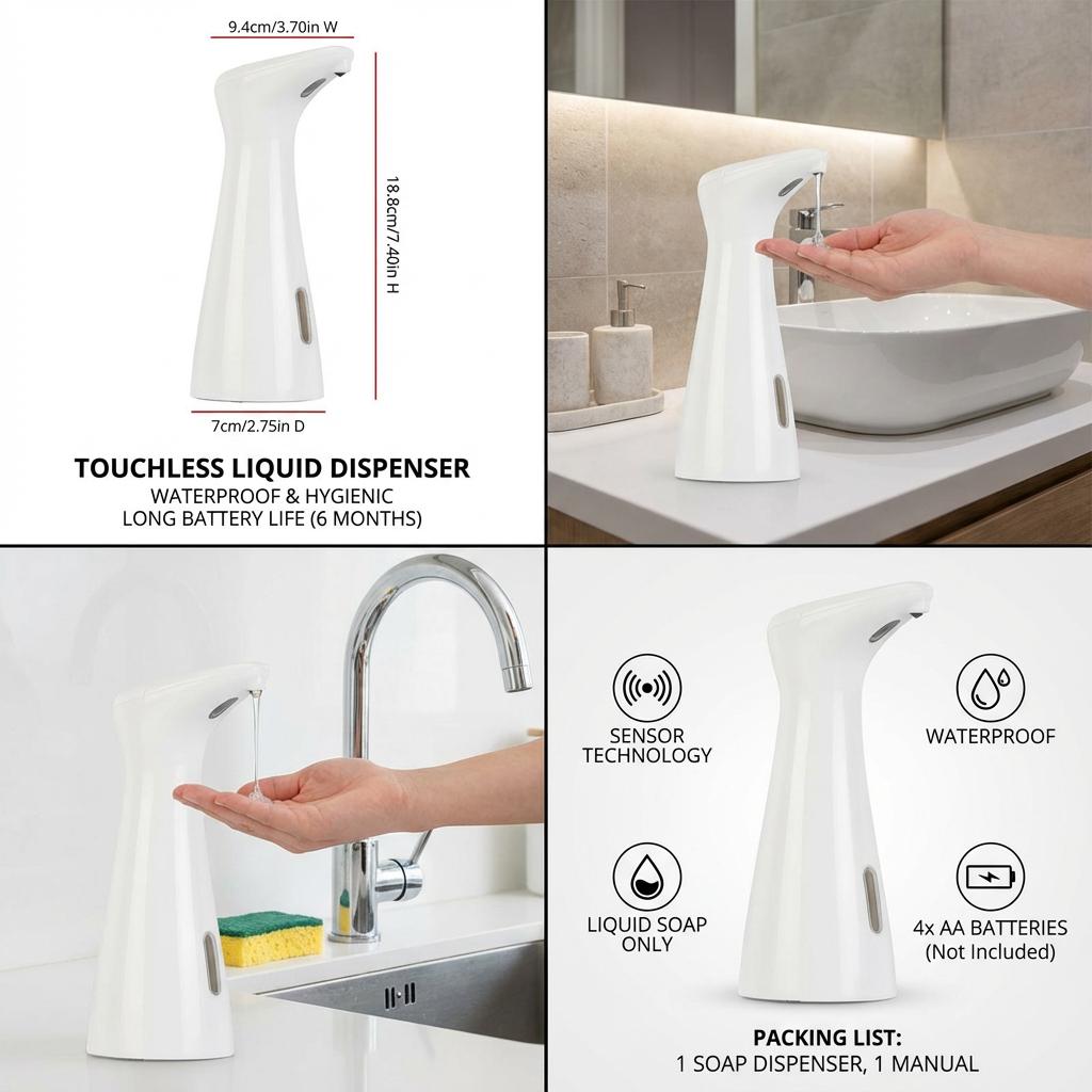 Automatic Sensor Hand Soap Dispenser, Smart Wash Handpiece, White, High Quality ABS, Waterproof for Bathroom