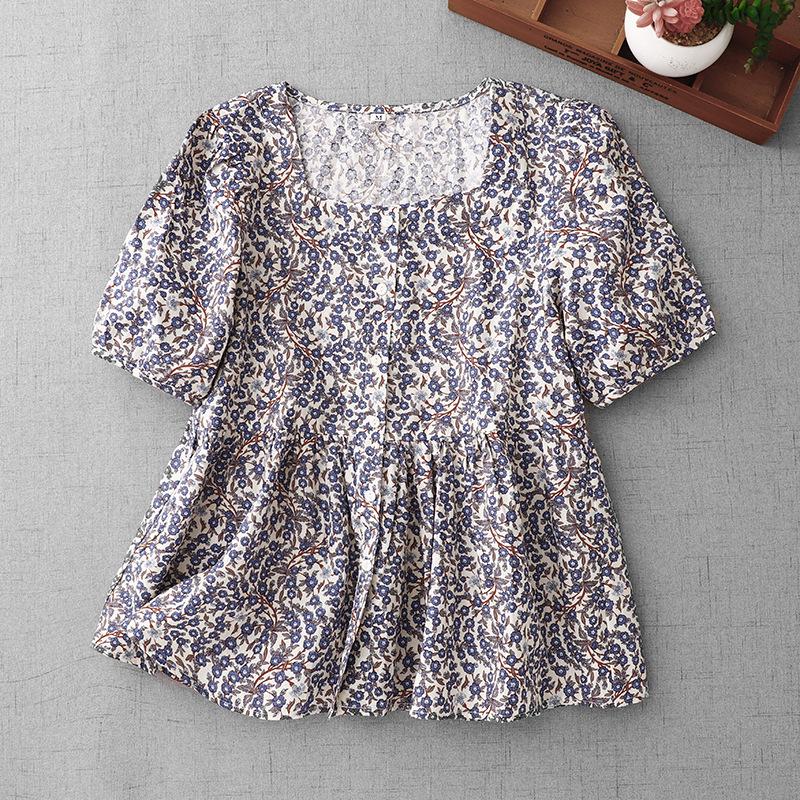 Retro Square Neck Puff Sleeve Floral Cotton Shirt Large