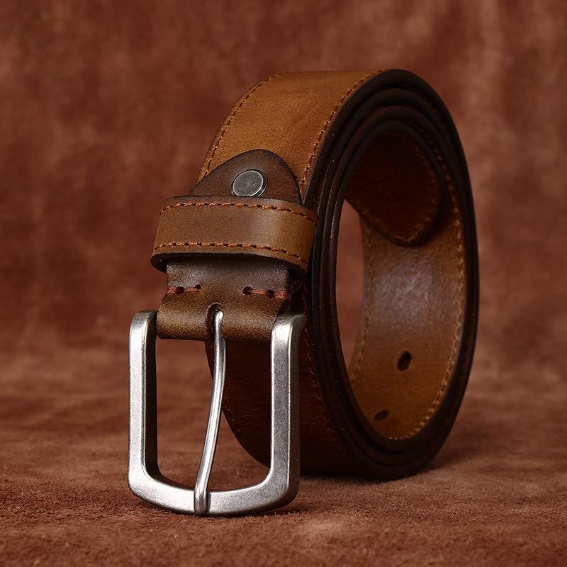 Men's Belt Retro Rub Colored Distressed Pleated Genuine Cattlehide Leather Surface Denim Casual Working Pants Belt