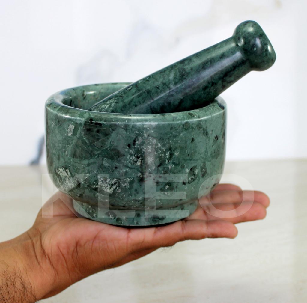 KLEO 5" Diameter Natural Stone Marble Mortar and Pestle Set for Spice Grinder and Medicine Masher (Green)