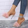 2025 Neue Damen Hausschuhe Rosa Feder Peeptoe Spitz Zehen Hausschuhe Sexy Slipper Klarer Absatz Pantoletten Damen Dünne Absätze Sommer Schuhe