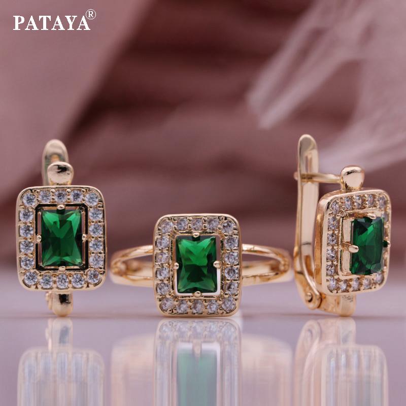 

PATAYA Геометрический тренд Цвет розового золота Комплект полых серег и колец Квадратный зеленый комплект из искусственного циркона Noble 7