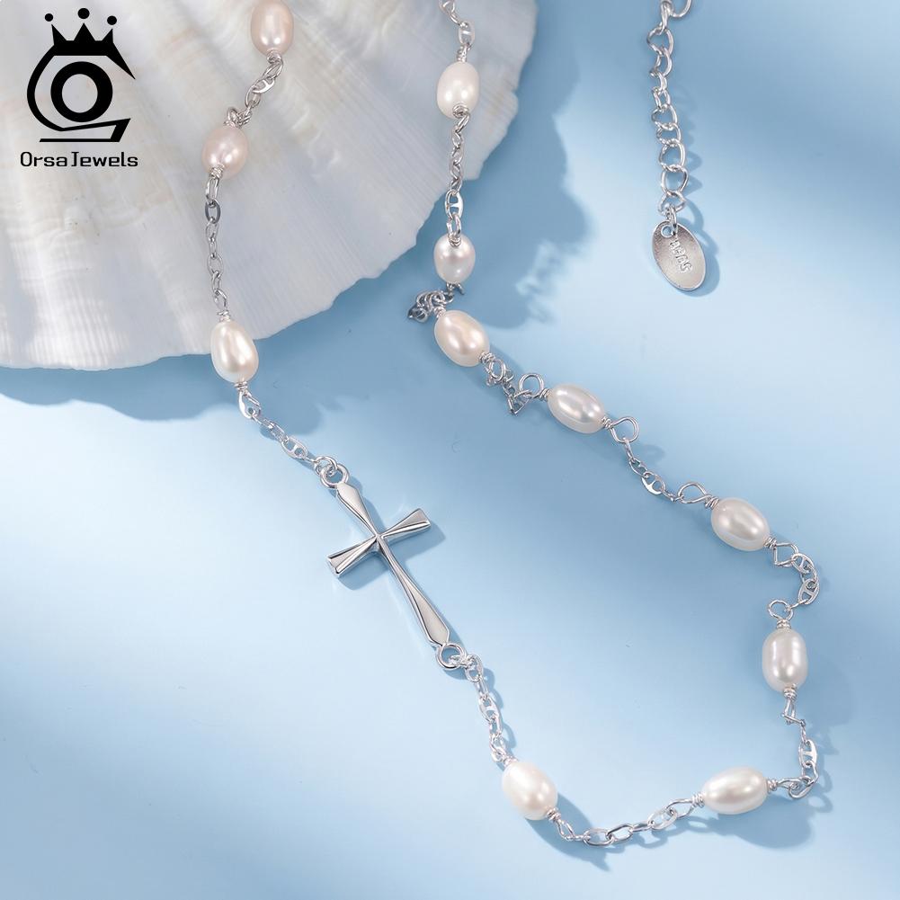 ORSA JEWELS 925 Sterling Silver Simple Choker Necklace with Natural Pearls for Women Party Banquet Cross Jewelry GPN106