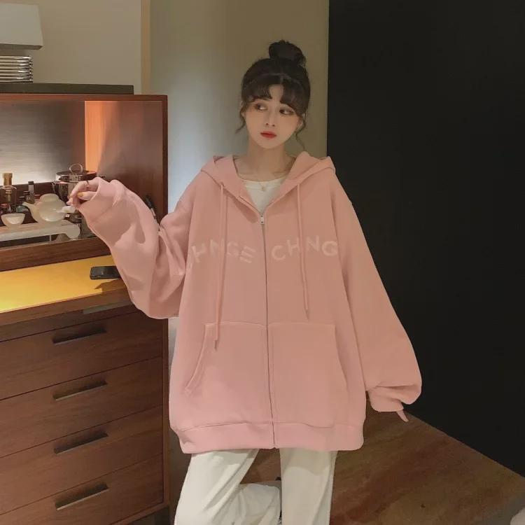 Women's Plus Size Velvet-Lined Embroidered Hooded Sweatshirt - Cozy Autumn/Winter Loose Fit Zipper Cardigan