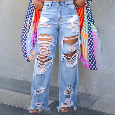 Pantalones vaqueros rectos de cintura alta con agujeros para mujer, con bolsillos y botones, holgados, azules, informales, estilo vaquero