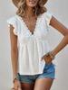 2026 European & American Fashion White Embroidered Deep V-neck Petal Sleeve French Style Women's T-shirt