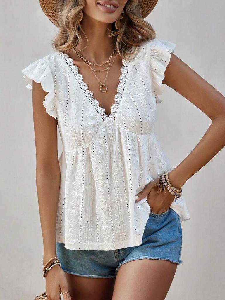 2026 European & American Fashion White Embroidered Deep V-neck Petal Sleeve French Style Women's T-shirt