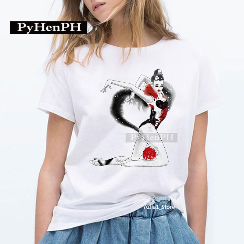 Elegant Ballet Print Short Sleeve T-shirt Women's Slim Fit Summer Top Modal Fabric Student Girl Fashion Polyester