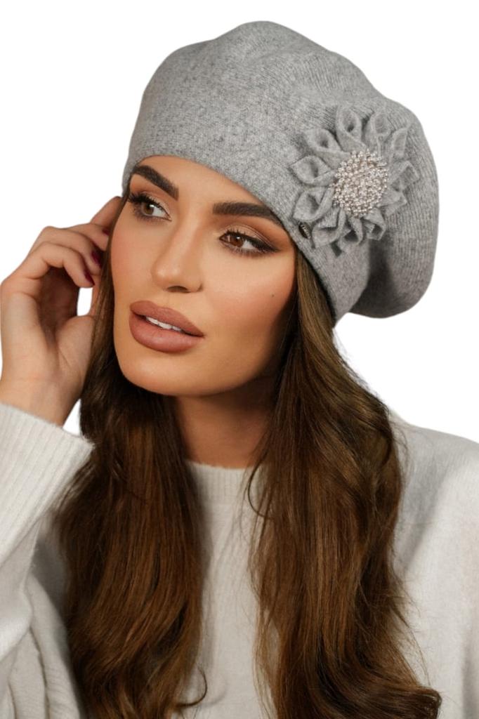 Women' Winter Wool Beret with Flower, Gray - Peony