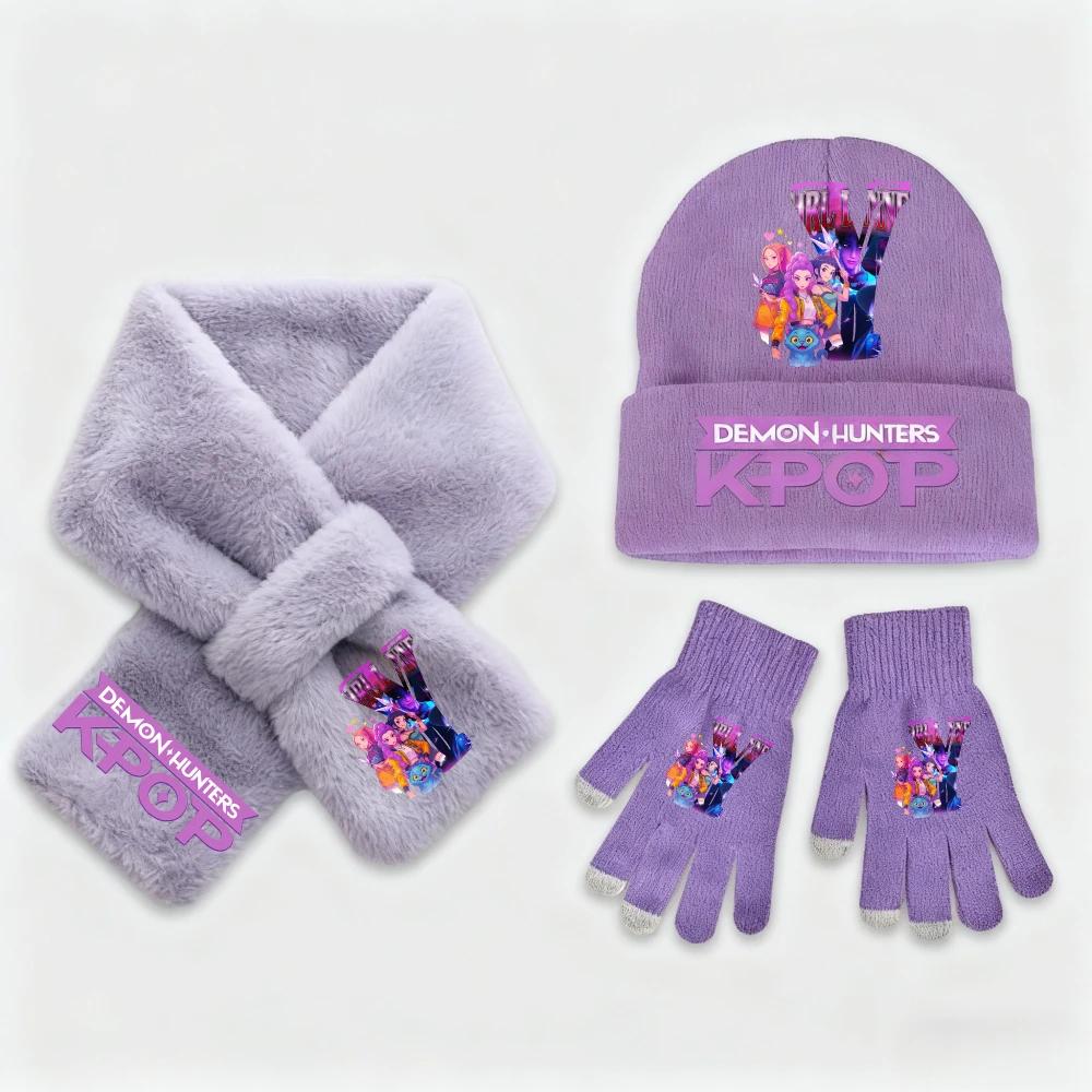 3Pcs KPop Demon Hunters Collection Fashion Kids' Clothing Designed for Girls - Warm Knit Hat Scarf Plus Gloves - Cold Season Casual Birth Date