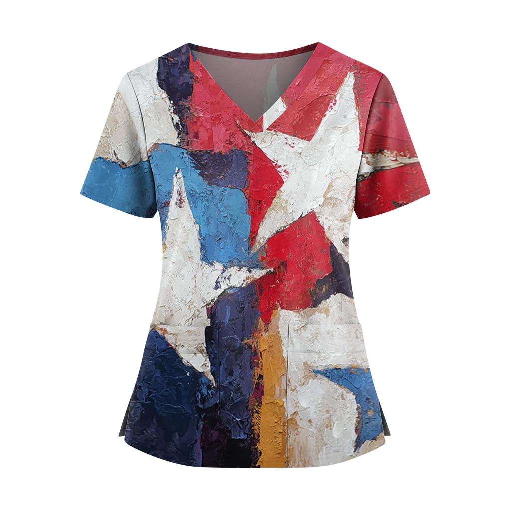 Women's Independence Day Print V-Neck Double Pocket Short Sleeve Uniform with Slit Hem - Caregiver Top