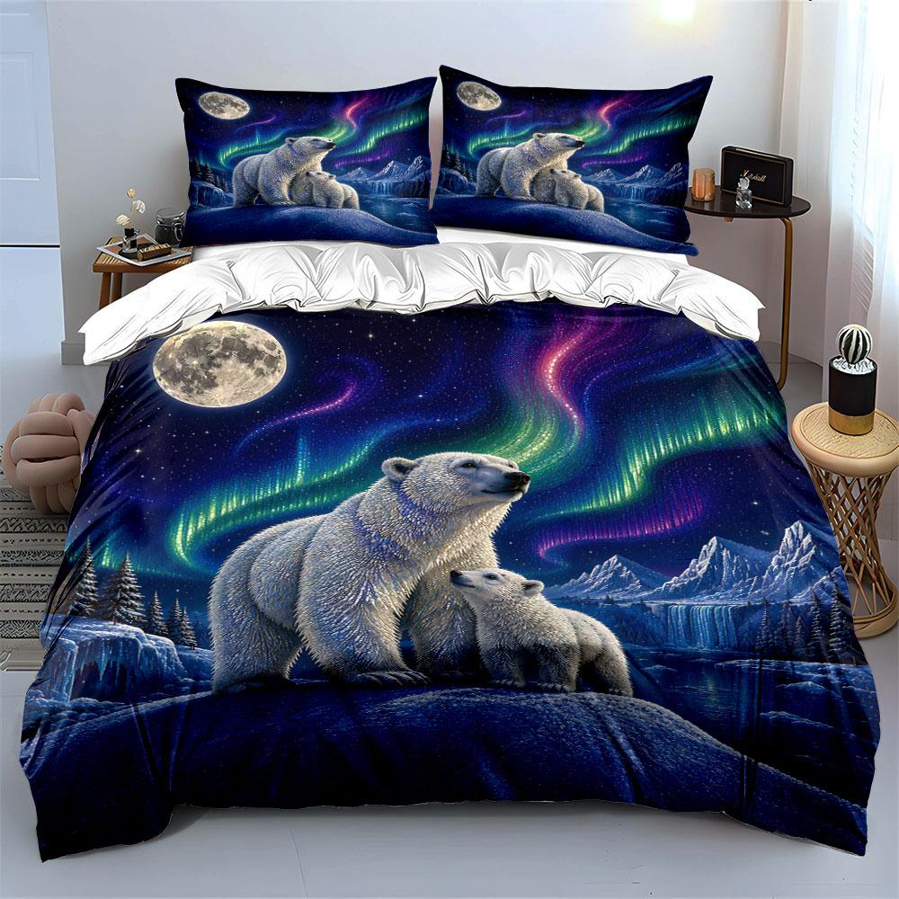 Polar Bears with Aurora Night Bedding Duvet Cover Set  (1*Duvet Cover 2*Pillowcases, without duvet insert)