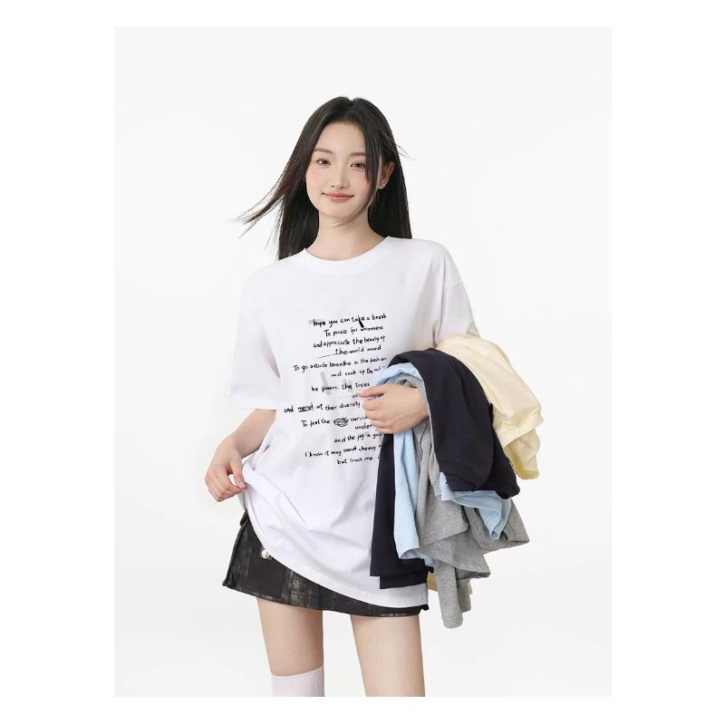 Korean Style Pure Cotton Letter Printed Short-sleeved Women's Summer Loose and Versatile Student Style Trendy Tops and Bottoming Shirts