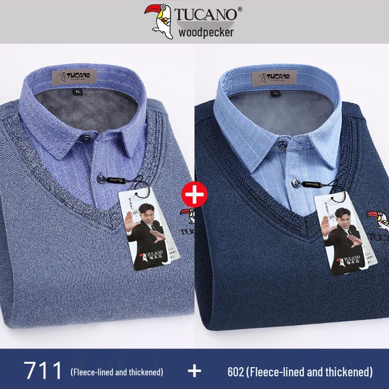 Woodpecker Men's Fleece-Lined Long Sleeve Two-in-One Thick Shirt Sweater for Dad