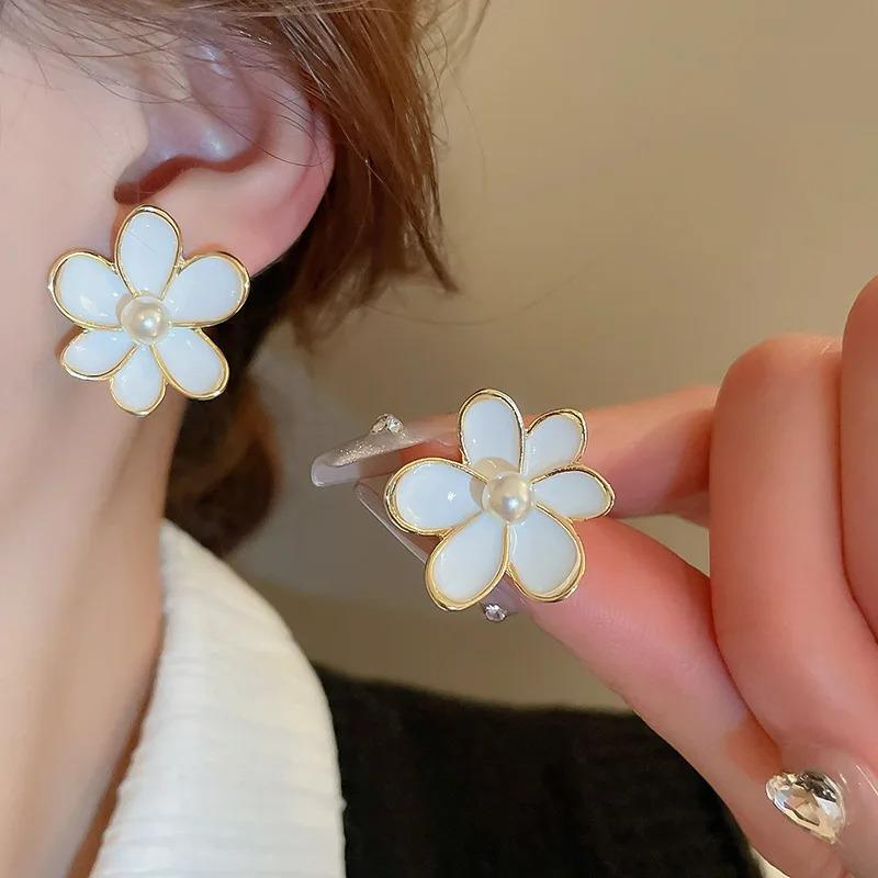 Vintage Smudging Enamel Pearl Drop Glaze Flowers Stud Earrings for Women Multi-colored Fashion Jewelry Accessories