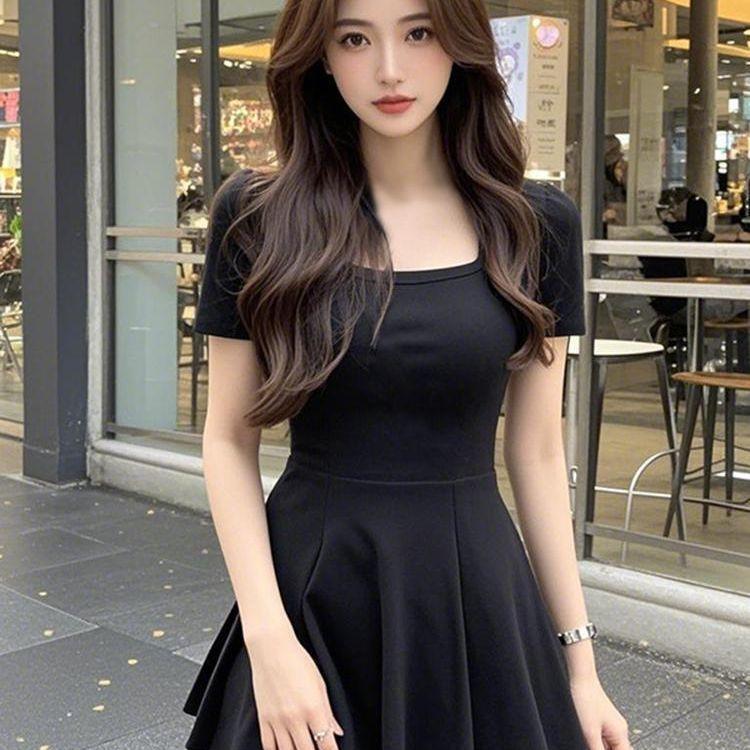 French pure desire black dress summer women's waist sweet and spicy skirt short skirt small black dress slim waist pinching